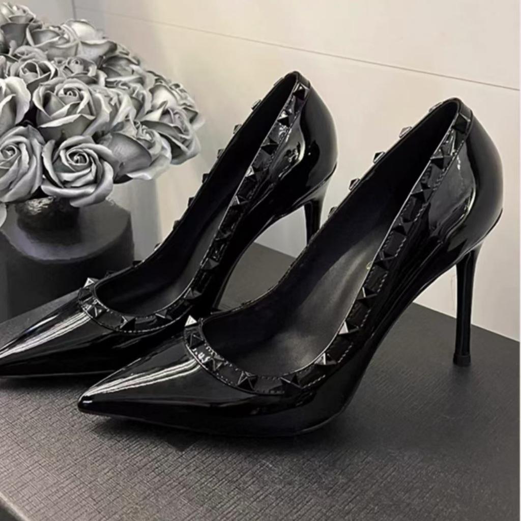 Spring Autumn New Luxury Women's High Heels Versatile Pointed Shallow Mouth Fine Heels Casual Shoes Retro Rivet Black High Heels