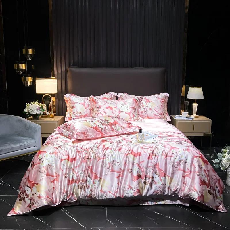 Luxury High-end Silk Bedding Set Silky Satin Quilt Cover Set Printed Queen King Duvet Cover Soft Gift for Your Lover Friends