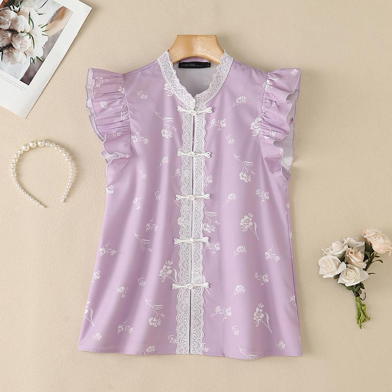 ZANZEA Women Casual Stand Collar Lace Splice Summer Sleeveless Print Tank Tops M