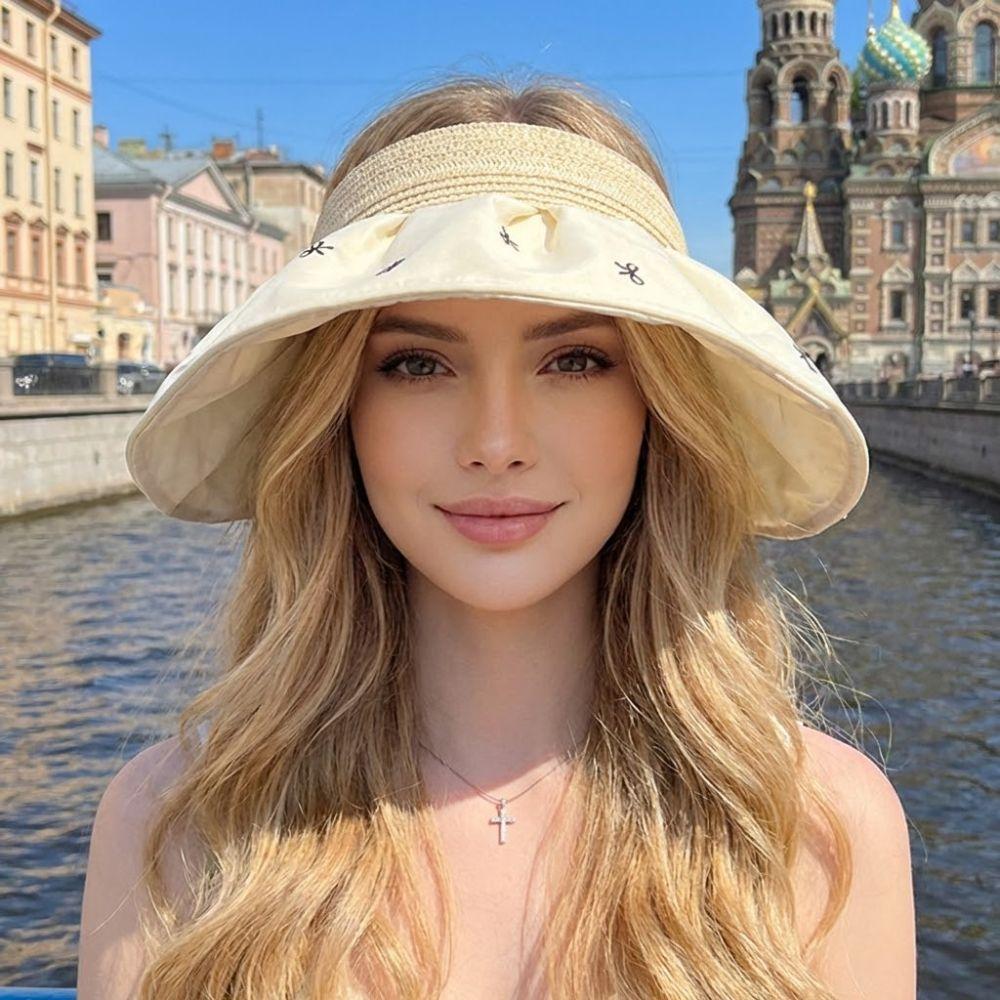 Cute Wide Brim Women's Bow Sun Hat Empty Top Foldable Sun Visor Hat UV Protection Quick-drying Bucket Hat Summer Outdoor