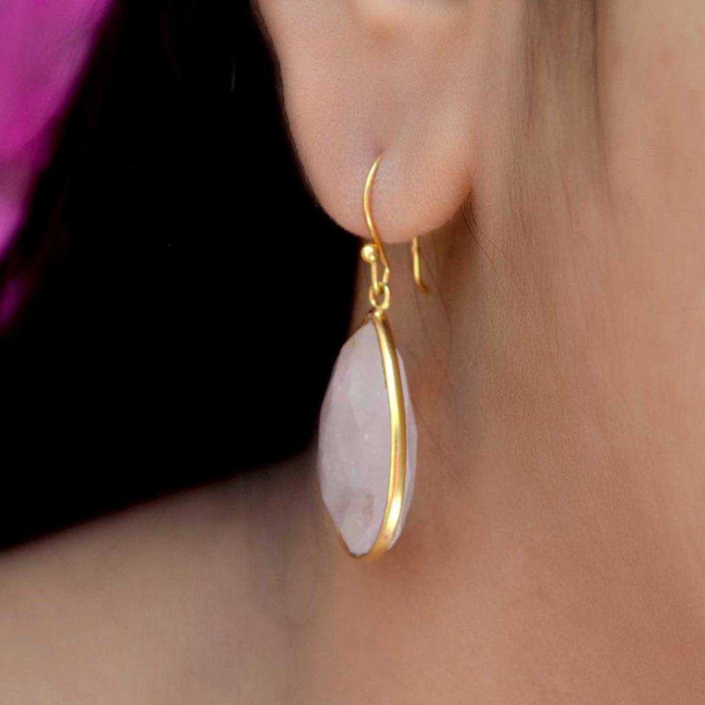 Rose Quartz 925 Sterling Silver Drop Earrings, Gemstone Handmade Dangle Earrings
