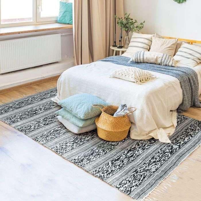 Living Room Rug In Cotton Relief Stripe White-black 160x230
