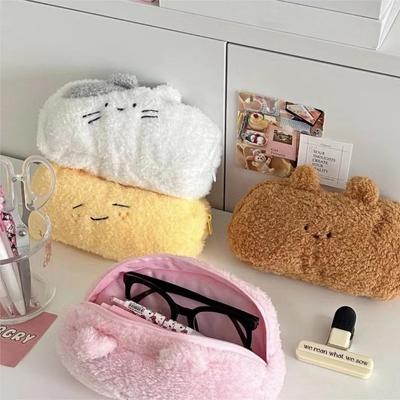 Japanese-Style Cute Milk Cat & Bear Plush Pencil Bag for Female Students - Large Capacity