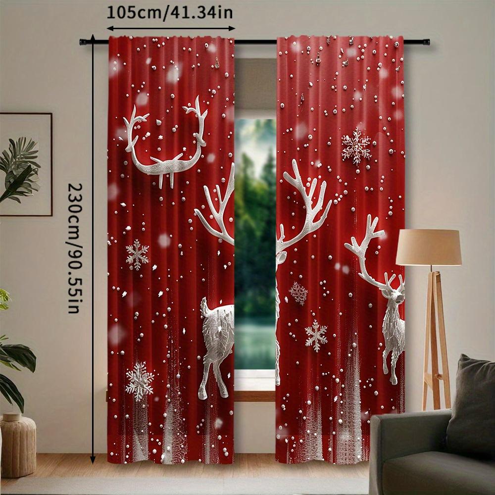 2pcs Reindeer Christmas Curtains - Festive Red & White Snowflake Design   Rod Pocket Window Treatment for Bedroom   Living Room   K