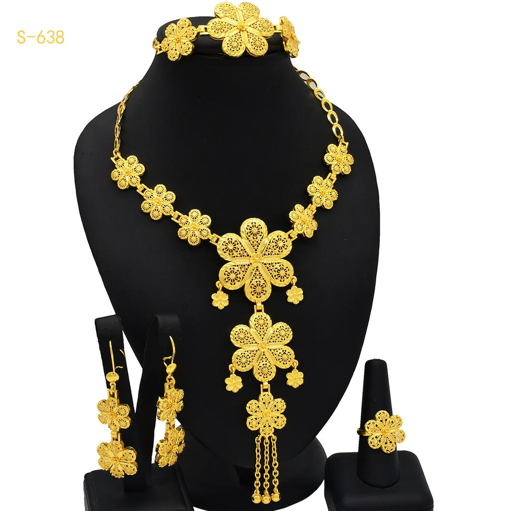 24K Gold Plated Arab Women's Bridal Necklace Earrings Ring Bracelet Jewelry Indian Women's Jewelry Set