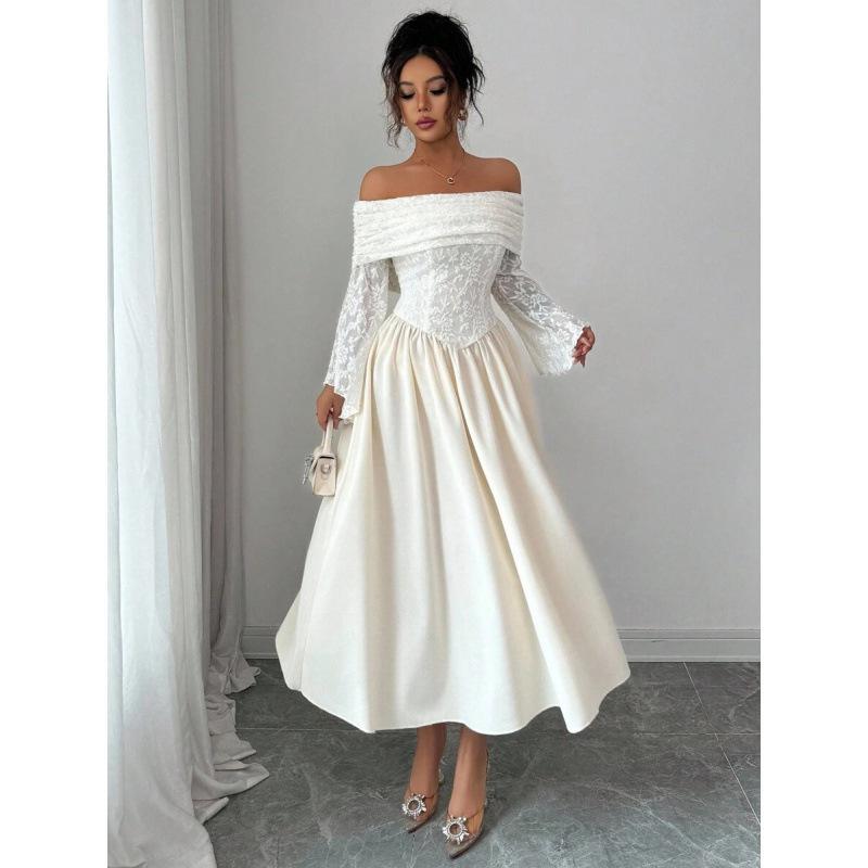 European and American one-word shoulder splicing long-sleeved dress women s 2026 spring new A-word lace skirt S