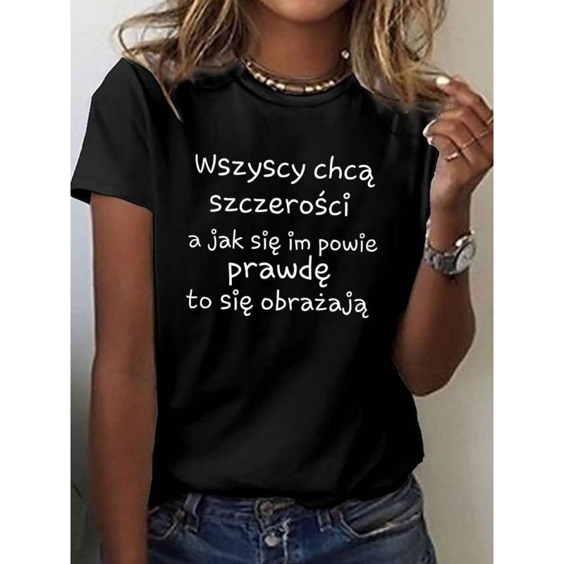 

Women S Casual Round Neck T-Shirt with Polish Print - Short Sleeves,Summer and Spring Top, White with Black Text, Casual Wear Round Neck Top 4XL чорний
