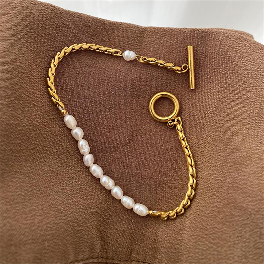 316L Stainless Steel Simplicity Vintage Irregular Shaped Imitate Pearl OT Buckle Chain Bracelets For Women Fashion Jewelry Gift