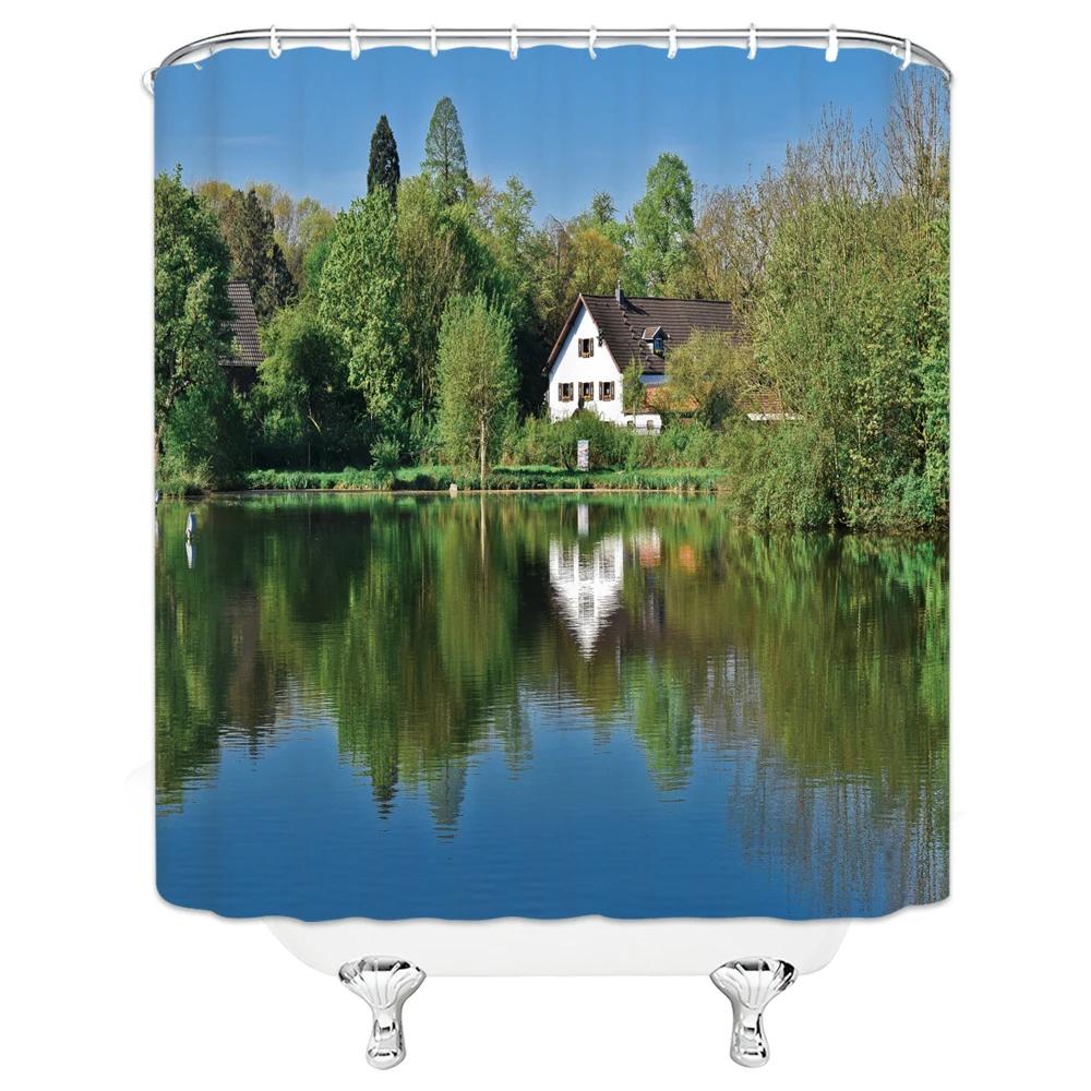 Natural Scenery Waterfall Shower Curtain Plant Lake River Landscape Bath Decor Bathroom Waterproof Polyester Cloth Curtain
