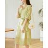 Deme Women's Retro Polka Dot V-Neck Lantern Sleeve Chiffon Midi Dress
