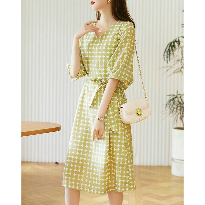 Deme Women's Retro Polka Dot V-Neck Lantern Sleeve Chiffon Midi Dress