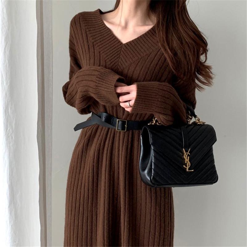 Korean Style V-Neck Knit Dress - Flattering, Mid-Length, Over-the-Knee, Autumn/Winter Women's Fashion