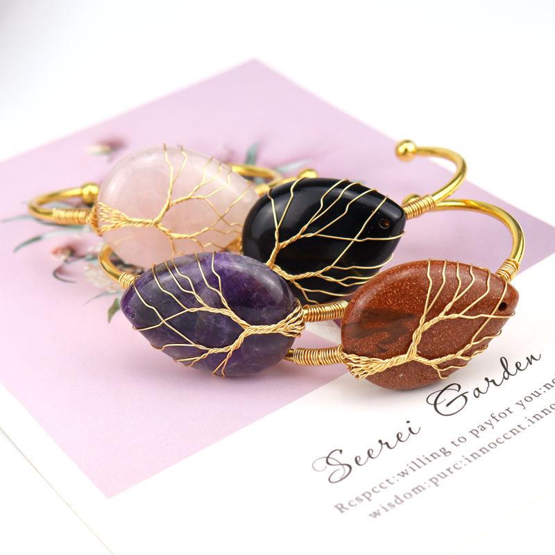 Handmade Gold Winding Natural Crystal Amethyst Water Drop Bracelet Bracelet Bracelet Rough Stone Crystal Bracelet B26