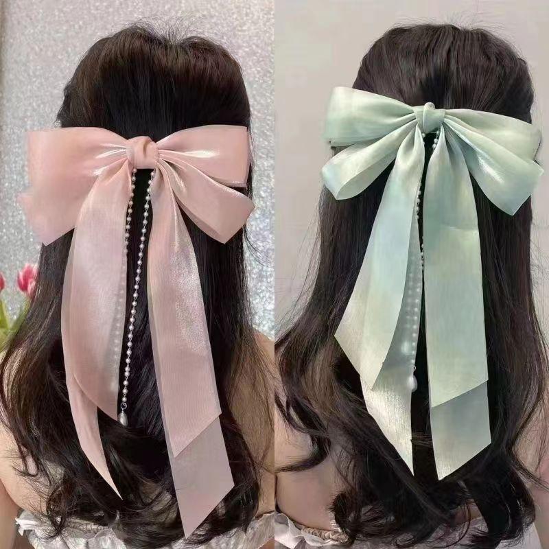 Clips de păr cu fundă șifon Femei Fundă mare Satin Agrafă de păr Fete Culoare solidă Clips coadă de cal Accesorii de păr Articole de acoperit cap Cadou