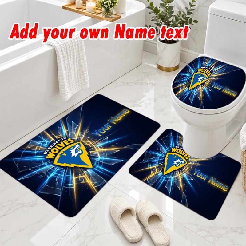 Personalized Warrington Wolves FC 3Pcs Flannel Toilet Mat Set Custom Text Bathroom Rug Non Slip
