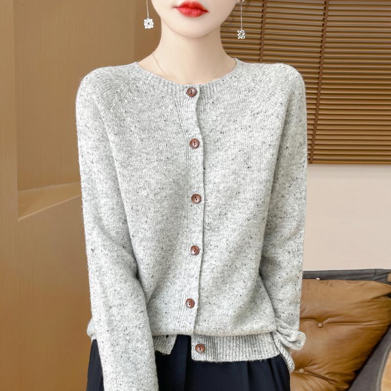 Spring and Autumn's New Wool Cardigan Women's Round-neck Sweater Coat