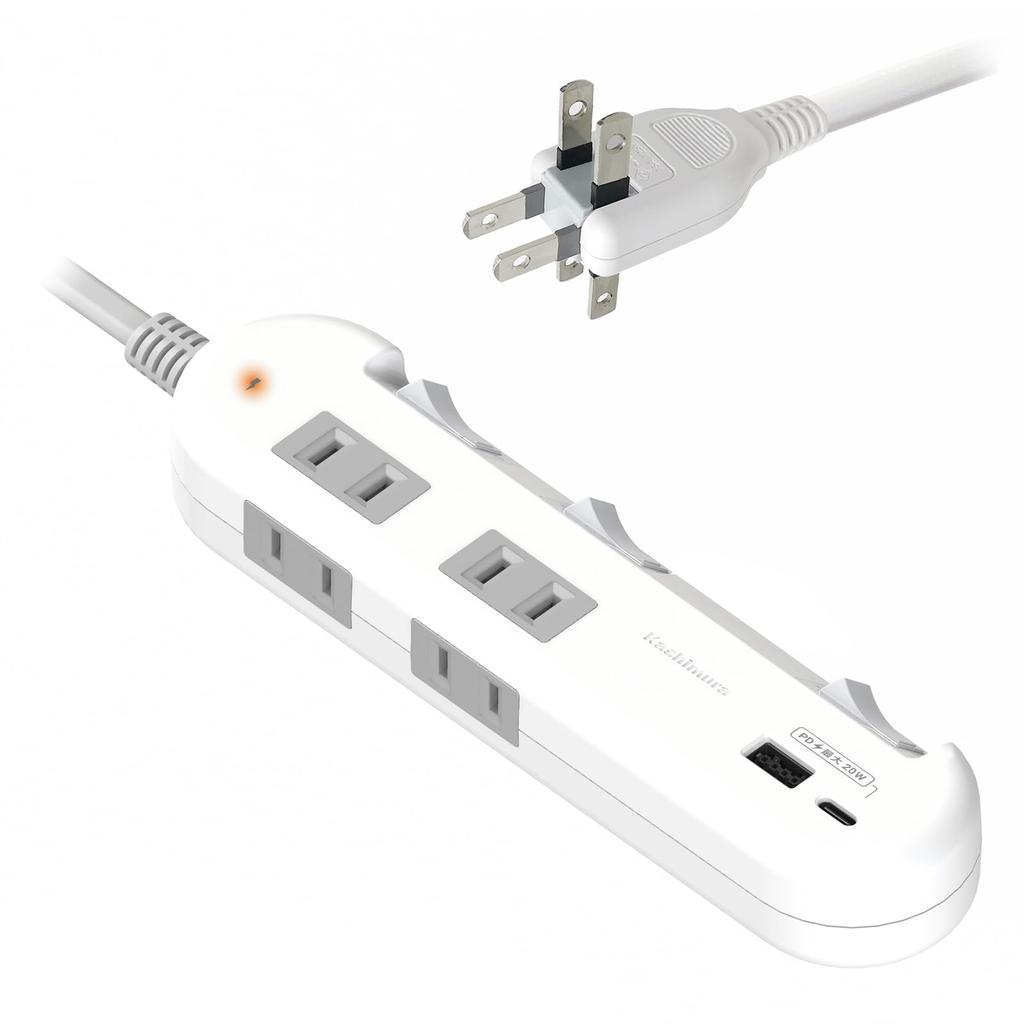 Kashimura Compact Switch with Lightning Surge Protection, 4 AC Power Strips, 1 USB-A, and 1 USB-C, PD20W Charging Support, 1.2m, NAC-058