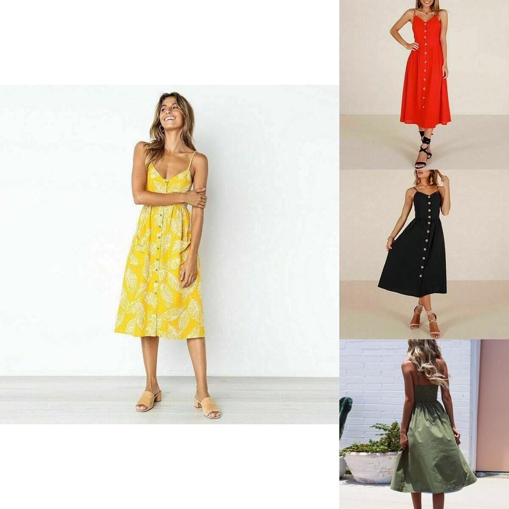 Elegante Abito Midi Estivo da Donna Boho con Spalline Sottili e Tasche a Bottone