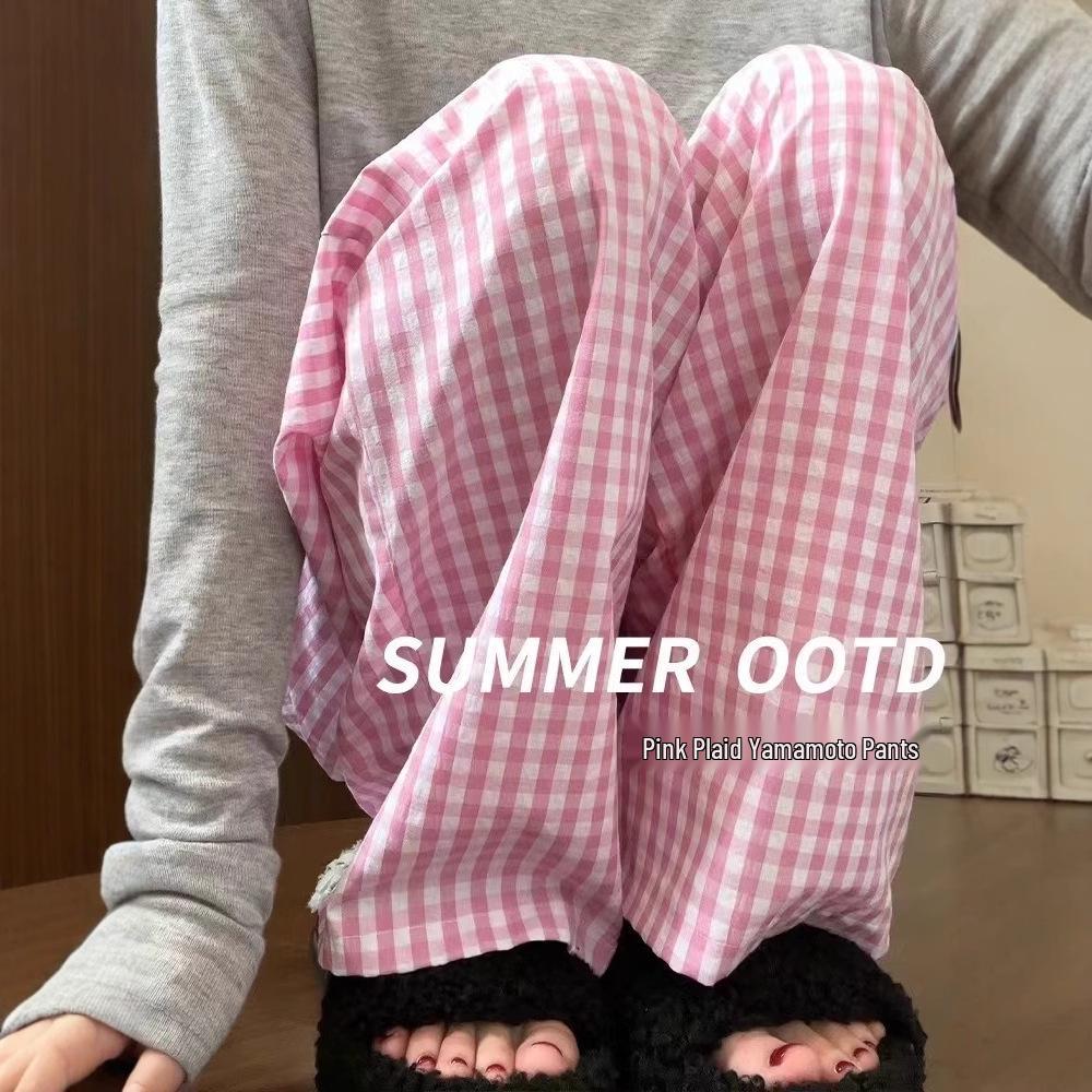 

Women s Summer Retro Plaid Wide-Leg Pants - High Street Chic S светло-синий