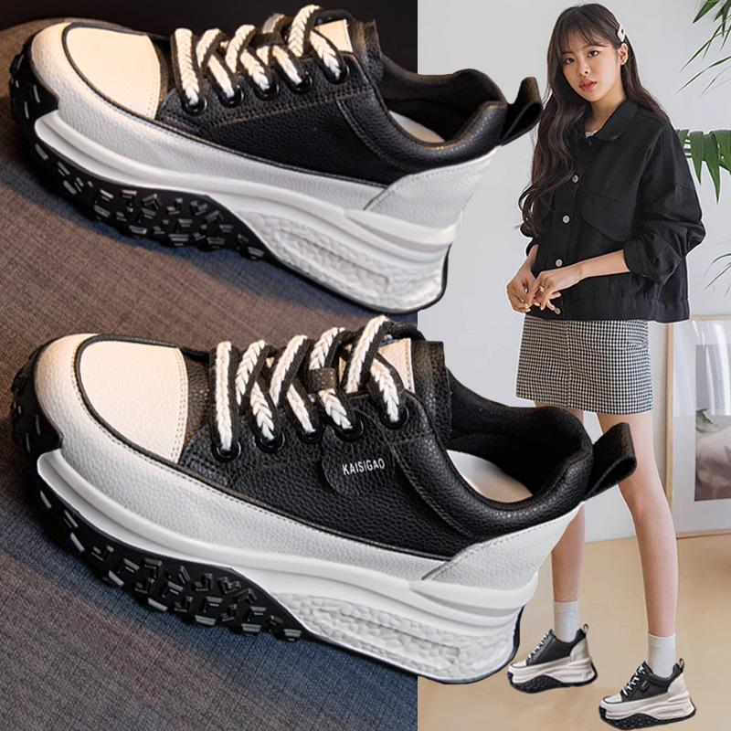 Platform White Shoes Women's 2025 New Spring and Autumn Leisure Sports Versatile Height Increase Dad Shoes Leather Muffin Explosion