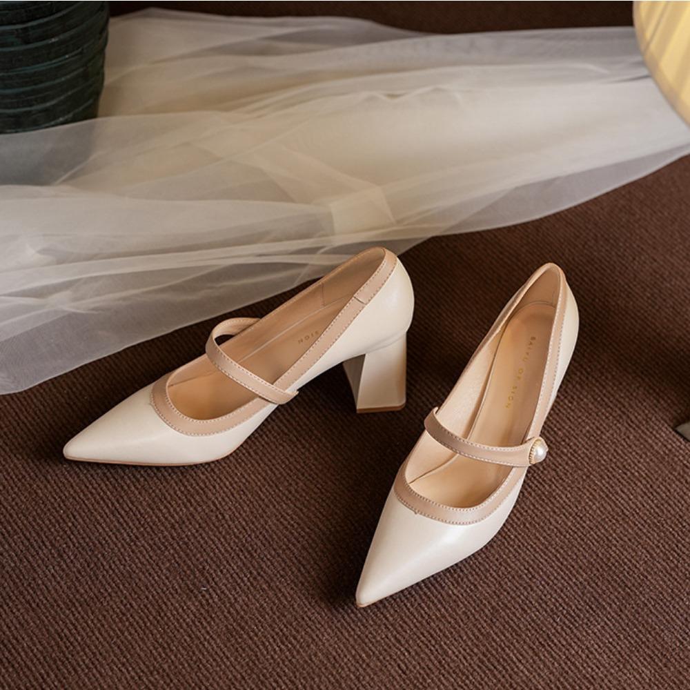 Fashion Leather Shoes for Women 2025 Spring and Autumn New Coarse Order Shoes Color Blocked Anti Slip High Heels Women's Pumps Women