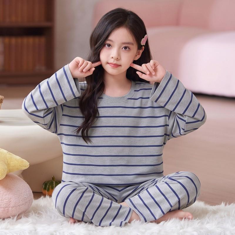 100% Cotton Girls Pajama Set Long Sleeve Round Neck Thin Home Wear Kids 8 Years