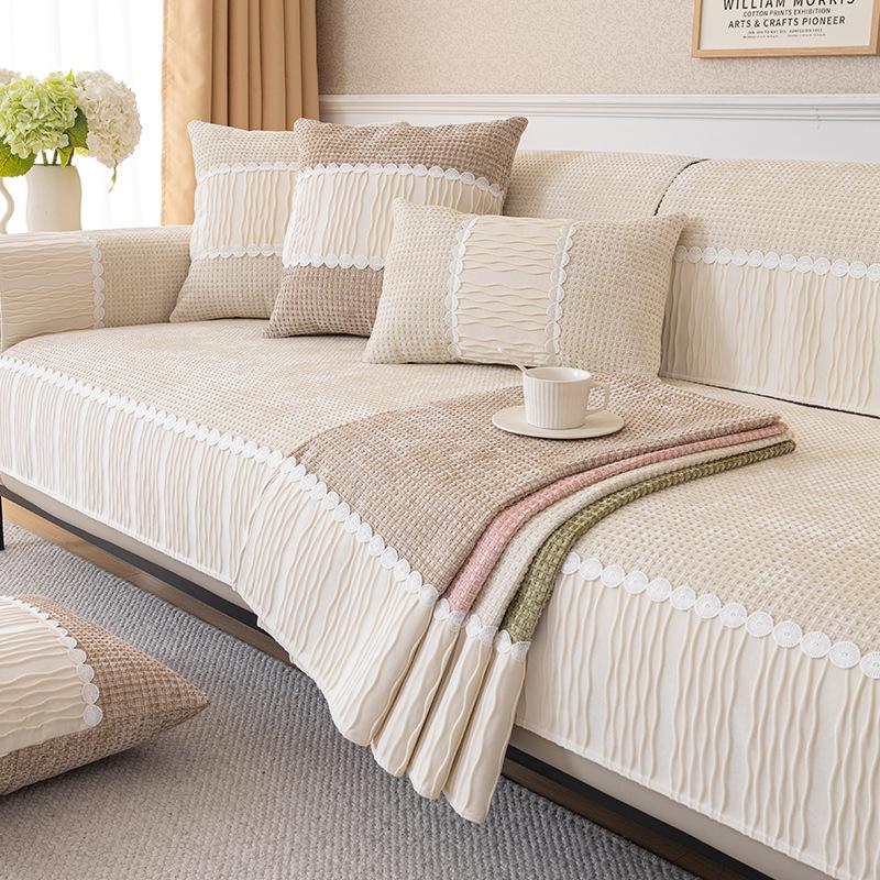Chenille vaffelsofapute Four Seasons Universal sklisikre seteputer Kremstil Sofatrekk Klut