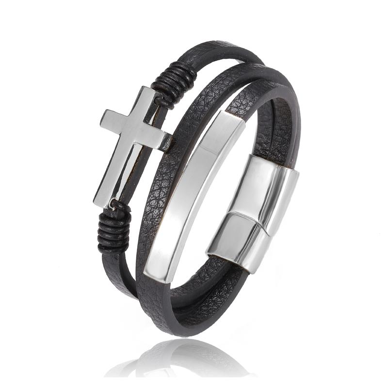 

Punk Fashion Bangles Black Cross Initial Stainless Steel Woven Handmade Leather Bracelet Charms Golden Mens Letter Jewelry 22.5cm серебряный