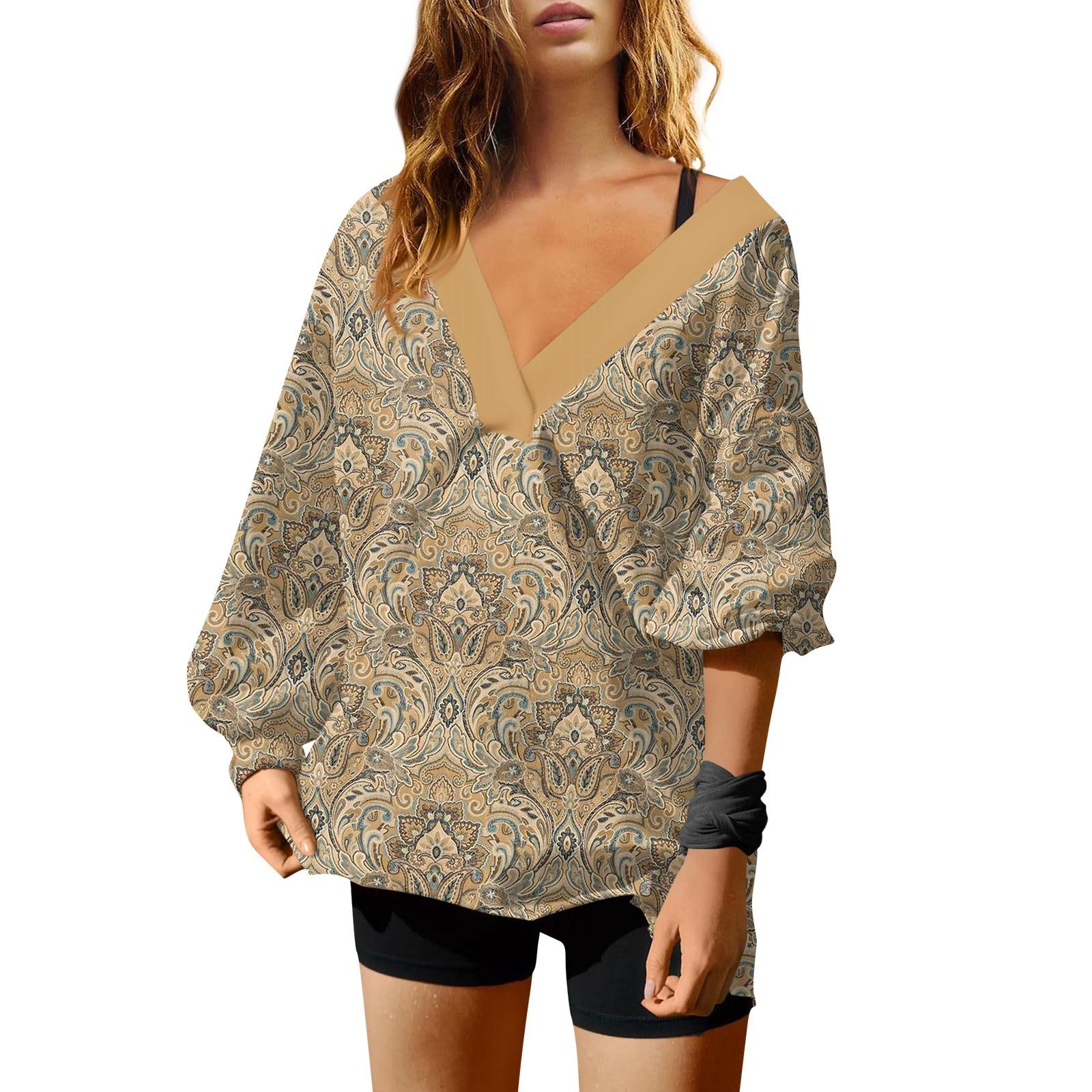 Женская мода V-образный вырез длинный рукав принтованный свободный пуловер свитшот топ XL — фото 11