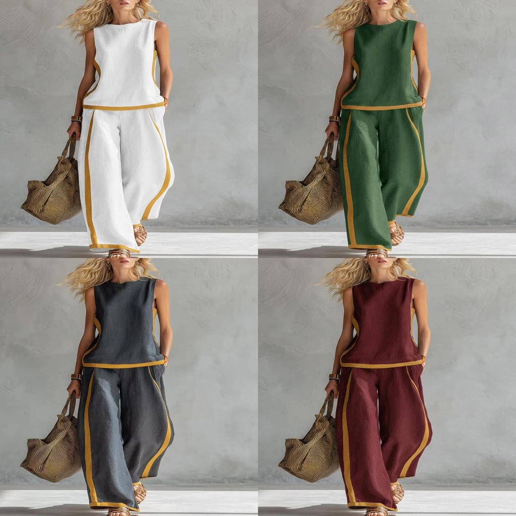 Tuta da donna estiva senza maniche a blocchi di colore con tasche e inserti per abbigliamento casual