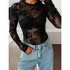 Lente Zomer Nieuw Dames Doorzichtig Sexy Slim Fit Lange Mouw Bedrukt Kant T-shirt