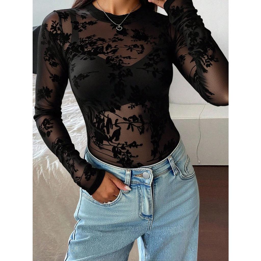 Lente Zomer Nieuw Dames Doorzichtig Sexy Slim Fit Lange Mouw Bedrukt Kant T-shirt
