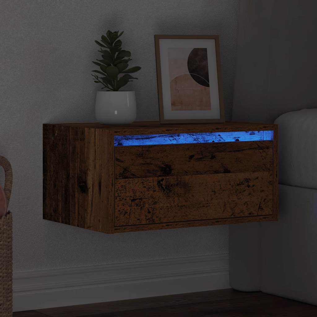 Wall Mounted Nightstand with LED Lights Vintage Wood Look