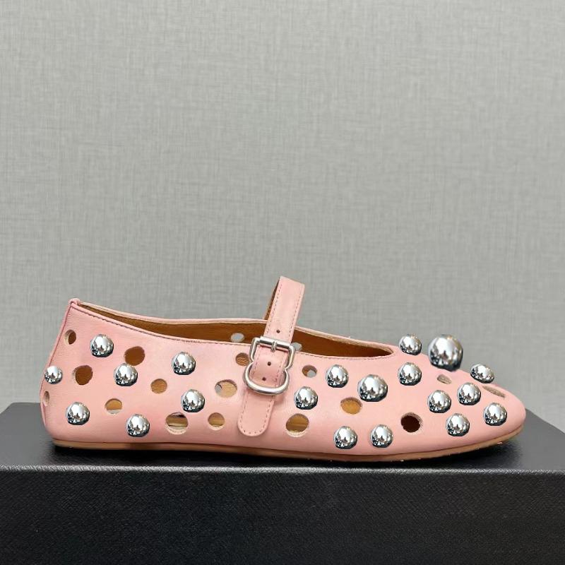 Fashion Luxury Black Pearl Round Head Buckle Ballet Sandals Summer Autumn Metal Hollow Commuting Casual Mary Jane Single Shoe Size 45