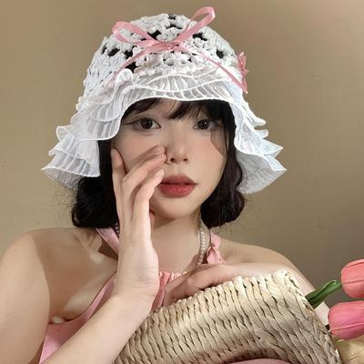 Knitted Hollow Out Bowknot Fisherman Hat Women's Sunshade Sun Protection Face-Flattering Lace Basin Hat Japanese Style Large Head Circumference Hat