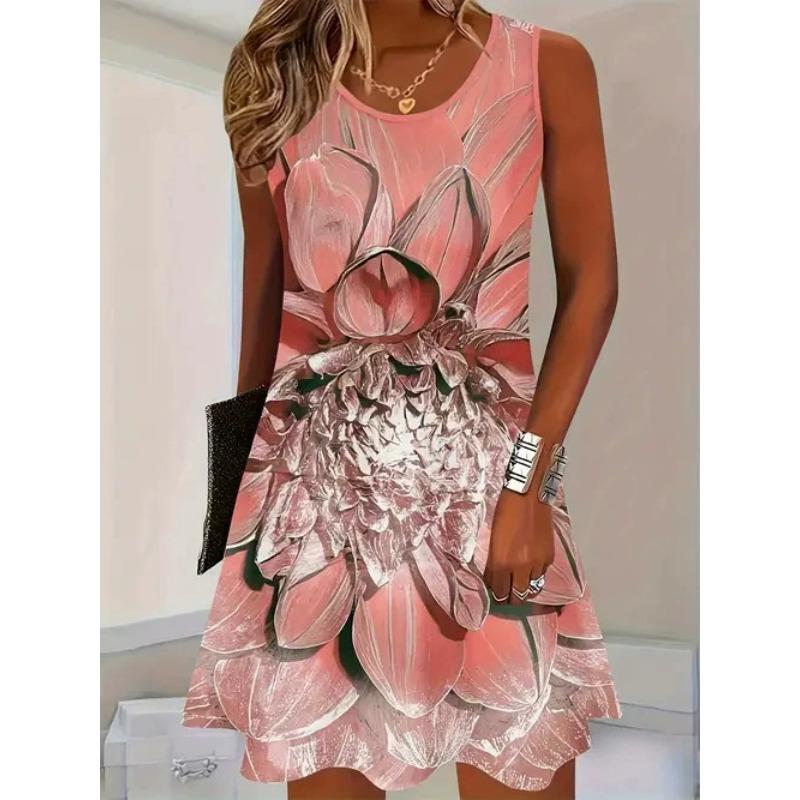 Plus Size Women's Dress Fashion 3D Plaid Print Sleeveless Elastic Round Neck Summer Dresses