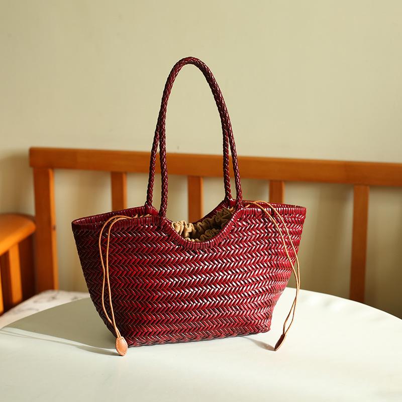 Vintage European & American Genuine Leather Handmade Herringbone Woven Handbag Basket