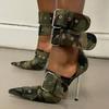 Fashion New Women Denim Metal Rivet Buckle Sandals Women Sexy Punk Style Pointed Hollow Metal 11cm High Heel Knee High Boots Size34-43