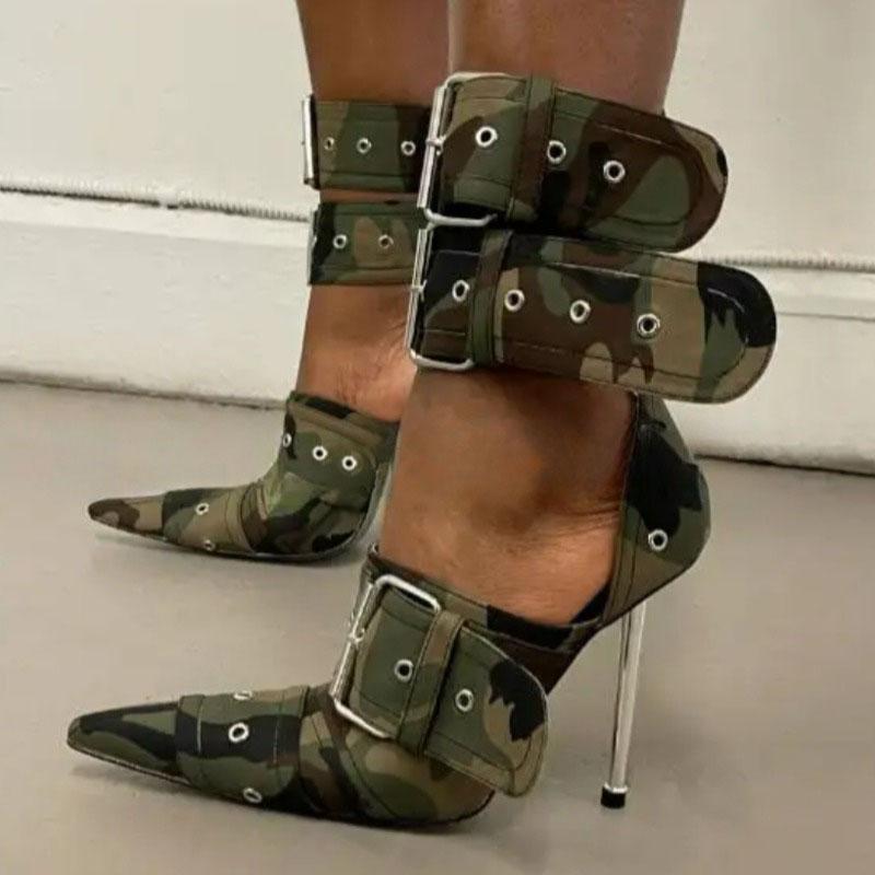 Fashion New Women Denim Metal Rivet Buckle Sandals Women Sexy Punk Style Pointed Hollow Metal 11cm High Heel Knee High Boots Size34-43