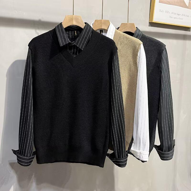 Herren Herbst Preppy Patchwork Zweiteiliges Pullover-Hemd - Langarm Britischer Stil Strickweste