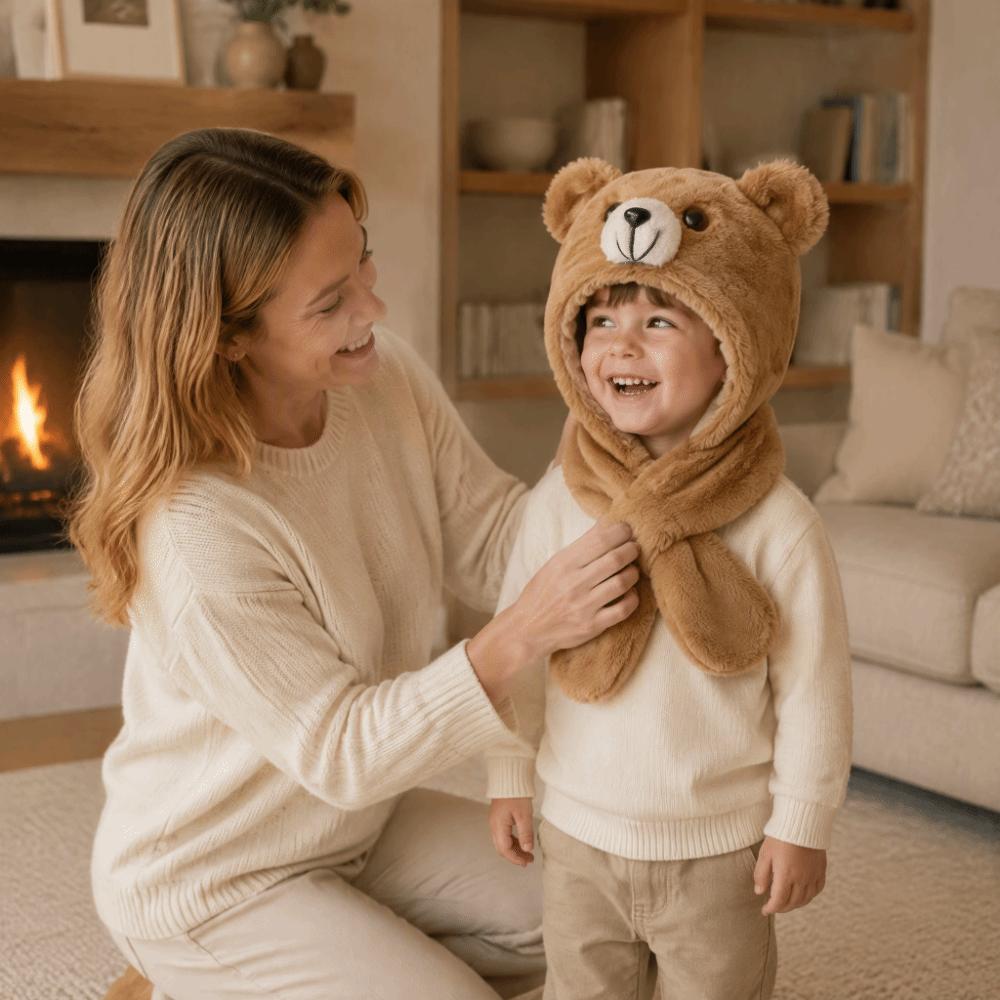 Pogrubiona Zintegrowana Czapka z Szalikiem dla Dzieci Miękkie Misie Nauszniki Czapka Nowa Zimowa Czapka Beanie Dziecko