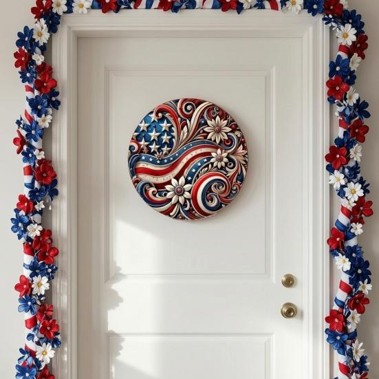Patriotic Wall Hanging Decoration, Red White Blue Star Stripe Wooden Round Sign, 4th of July Front Door Wreath Alternative, Home Porch Decor