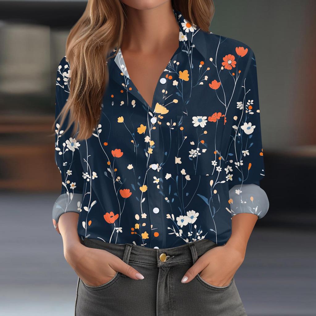 Women's Shirt Blouse Print Button Long Sleeve Casual Basic Shirt Collar Regular Top With Pockets