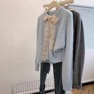 Late Autumn Dopamine Lace Bow Milk Whirring Soft Waxy Blue Sweater Autumn and Winter Women Small Lazy Wind