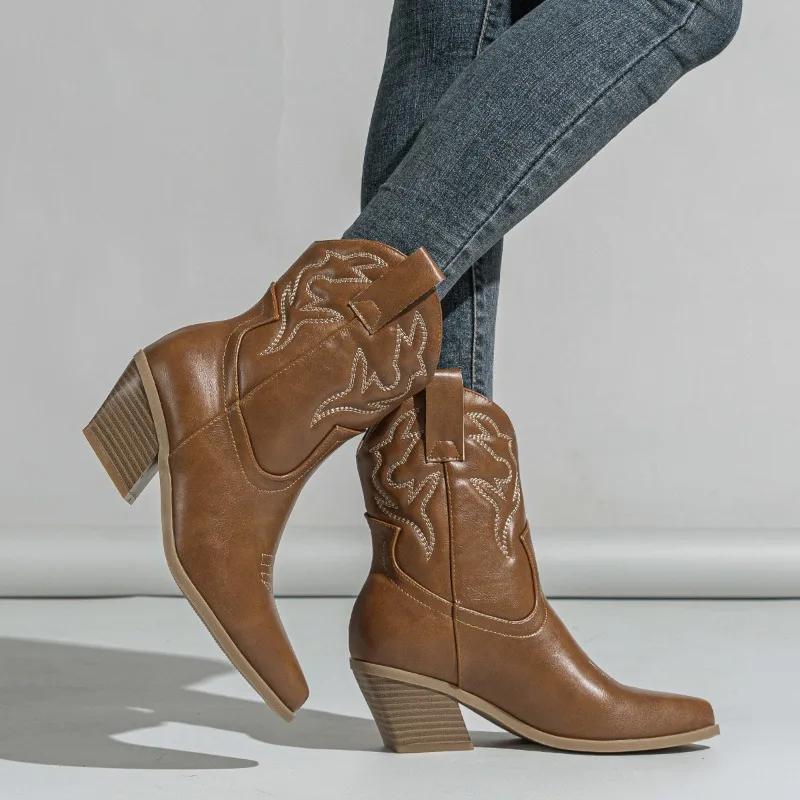 Winter Short Women's Boots High Heels Western Boots Embroidered Thread Thickened Thick Heel Platform Boots Women Shoes