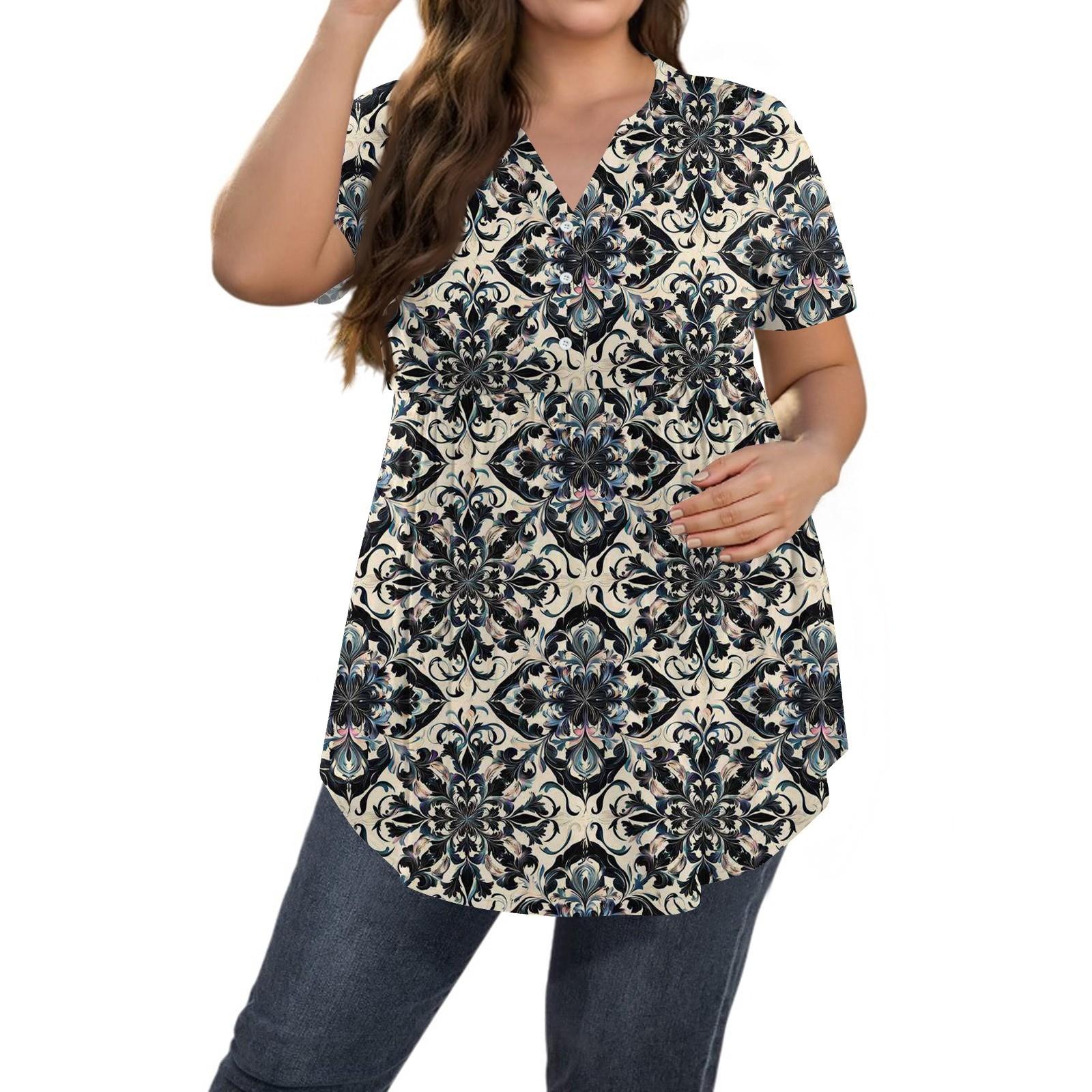 

Women s Printed Large Size V Neck Button-Up Top Casual Short Sleeve Flowy Top XXXXXL