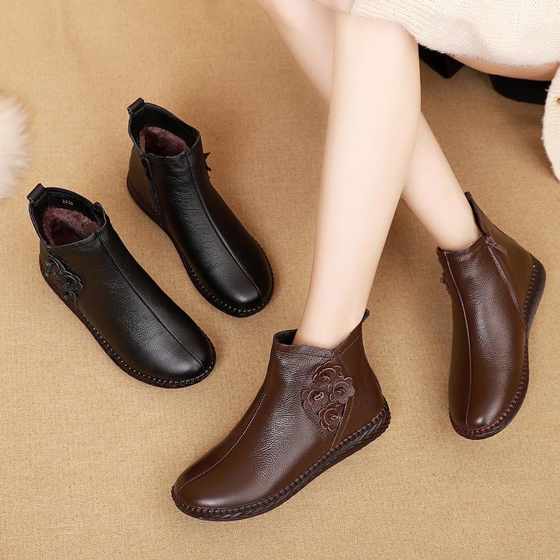 2024 Winter Women Shoes Woman Genuine Leather Flat Ankle Boots Women Waterproof Causal Warm Snow Boots Mother Non-slip Booties