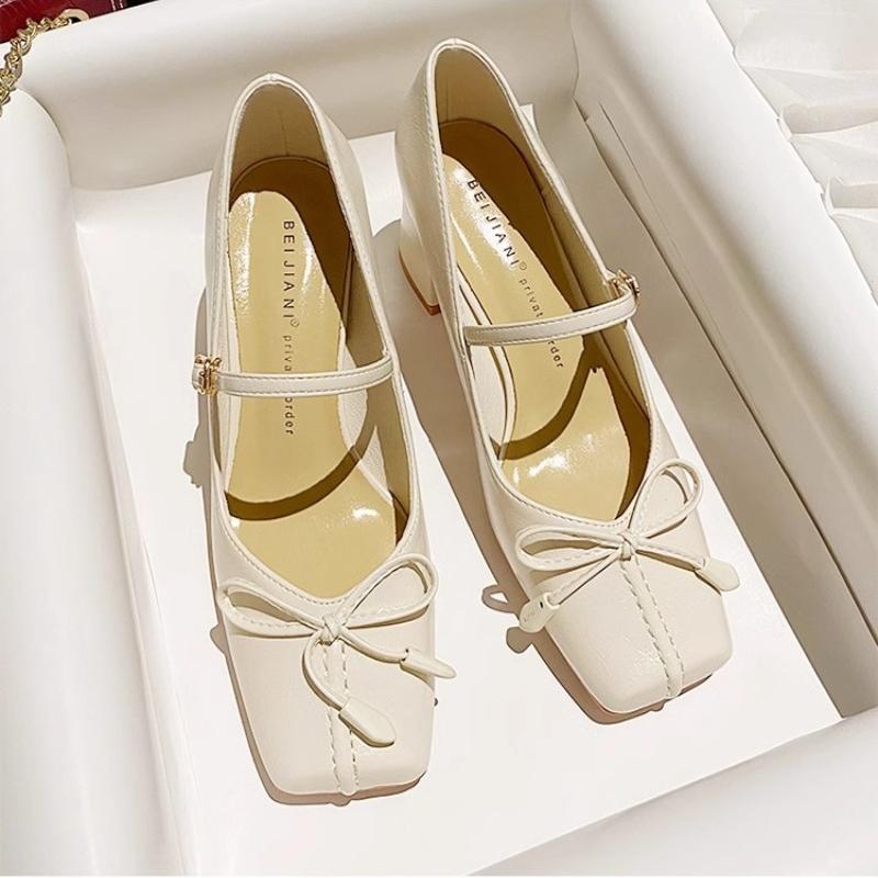 Fashion NEW Temperament Sweet Bow Square Head Shoes Women's Pumps Autumn Sheepskin Shallow Mouth Thick Heel Shoes Fashion Comfort Casual