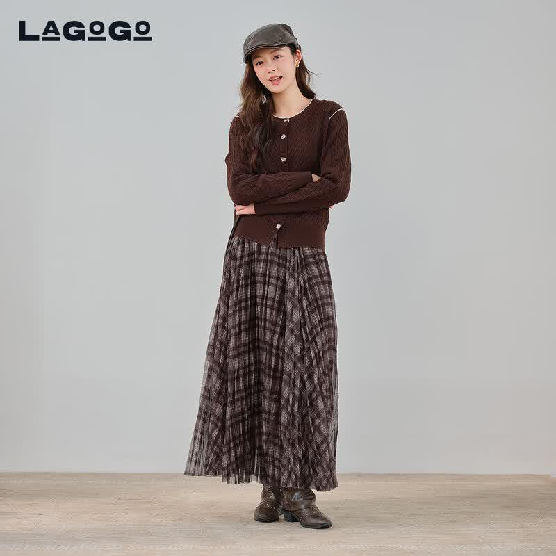 LAGOGO 2026 Spring Plaid Mesh A-Line Long Skirt L