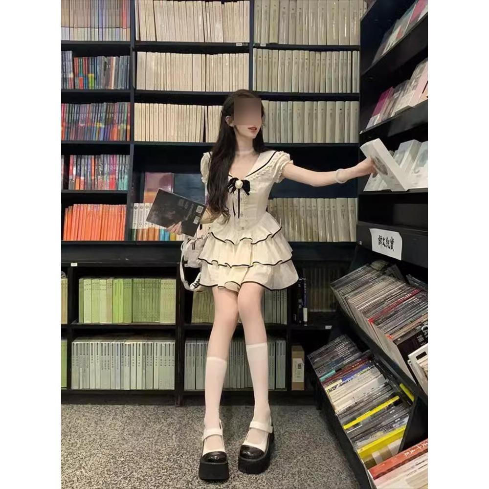 Summer princess style sweet puffy dress retro versatile women's short skirt navy doll collar